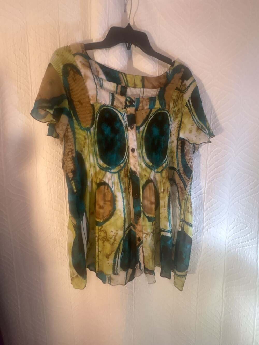 Women's Pleated Abstract Geometric Print Short Sleeve Button Front Blouse Top